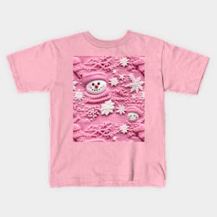 Cute Pink Snowmen Retro Chrismas Snowflakes Knitted Pattern Kids T-Shirt